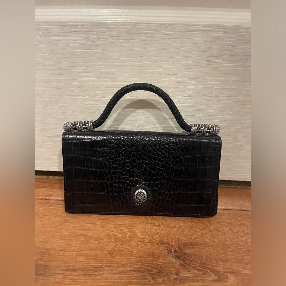 Brighton Black Croc-Embossed Clutch with Silver Accents